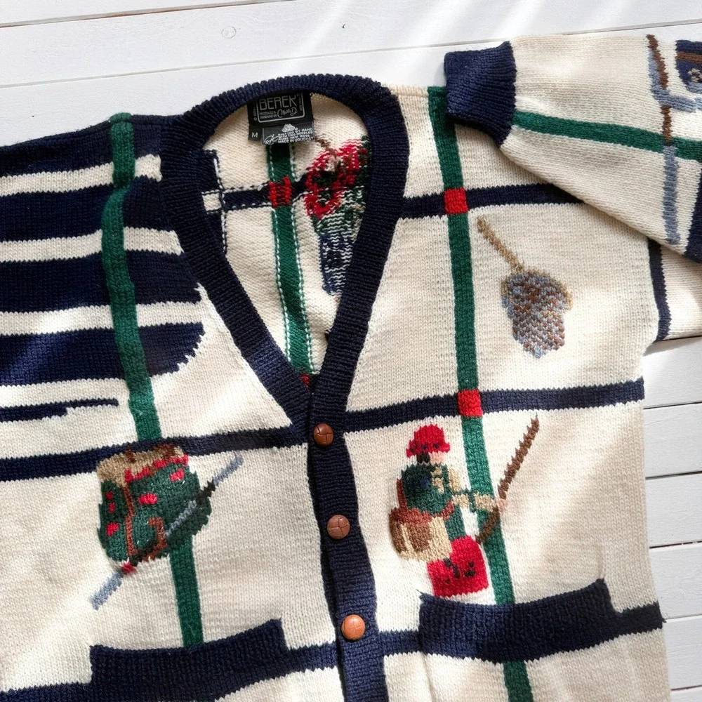 vtg Berek cream fly fishing fisherman wool intarsia cardigan‎ sweater - Picture 2 of 7
